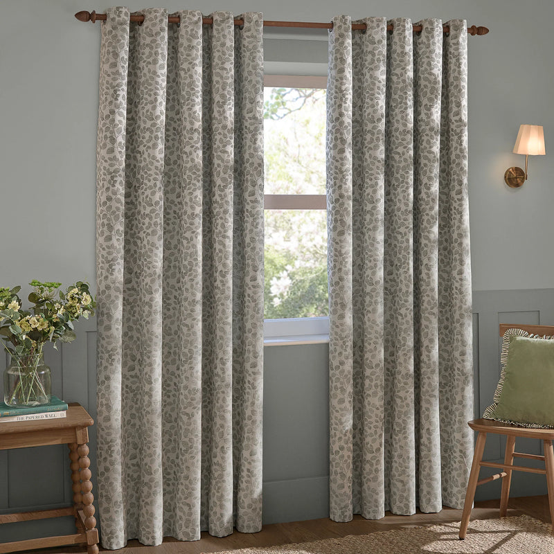 Grace Leaf Jacquard Fully Lined Eyelet or Pencil Pleat Curtains Grey by Wylder