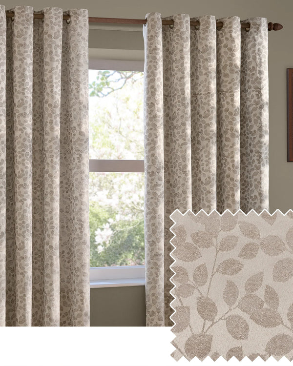 Grace Leaf Jacquard Fully Lined Eyelet or Pencil Pleat Curtains Natural by Wylder