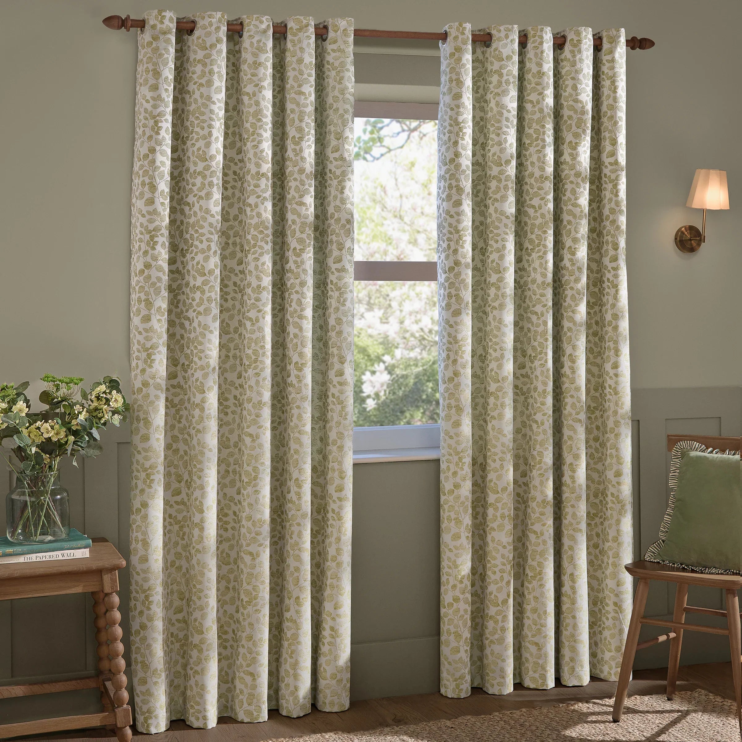 Wylder (Riva Home) Curtains Eyelet / 66in x 72in (168cm x 183cm) Grace Leaf Jacquard Fully Lined Eyelet or Pencil Pleat Curtains Sage by Wylder