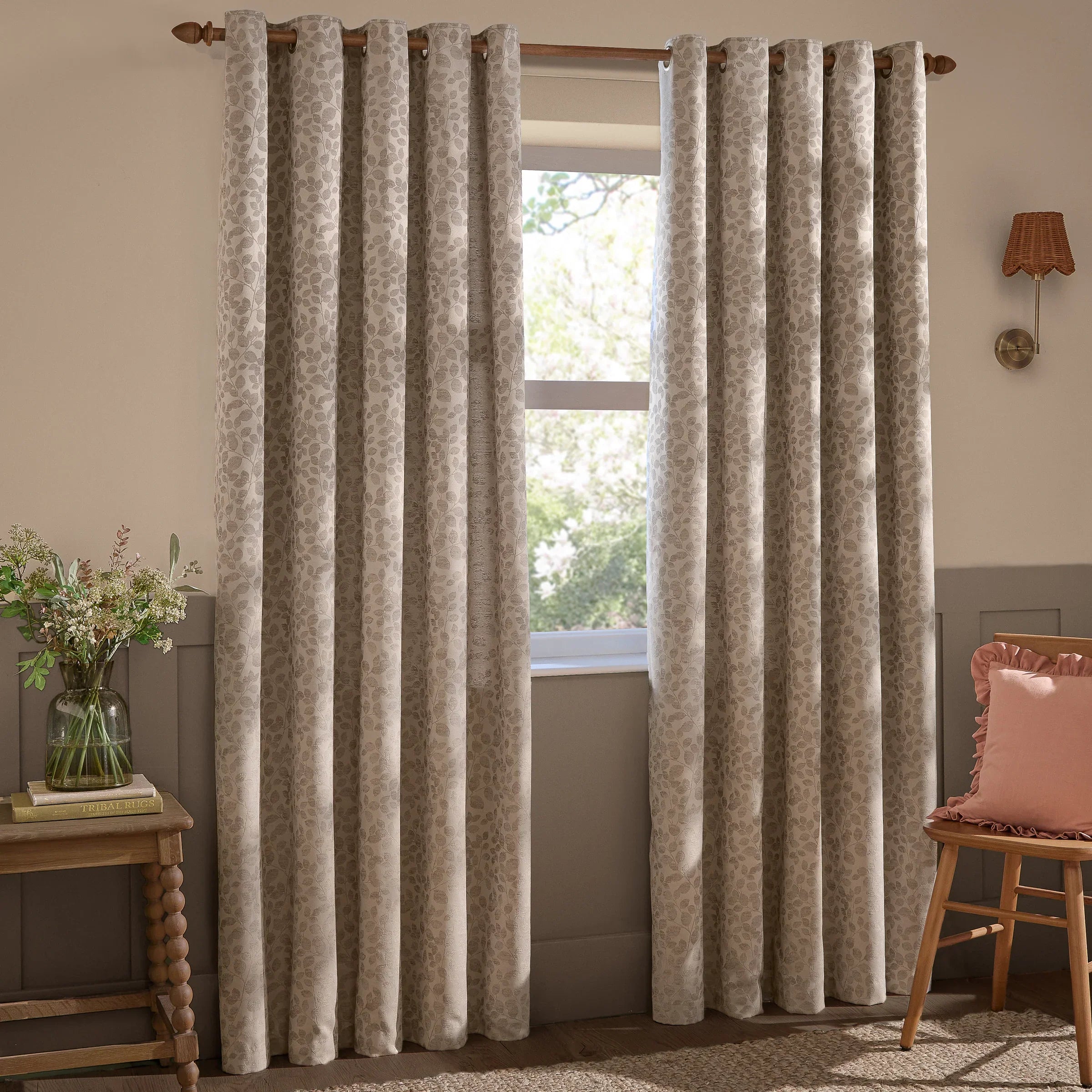 Wylder (Riva Home) Curtains Eyelet / 66in x 72in (168cm x 183cm) Grace Leaf Jacquard Fully Lined Eyelet or Pencil Pleat Curtains Taupe by Wylder