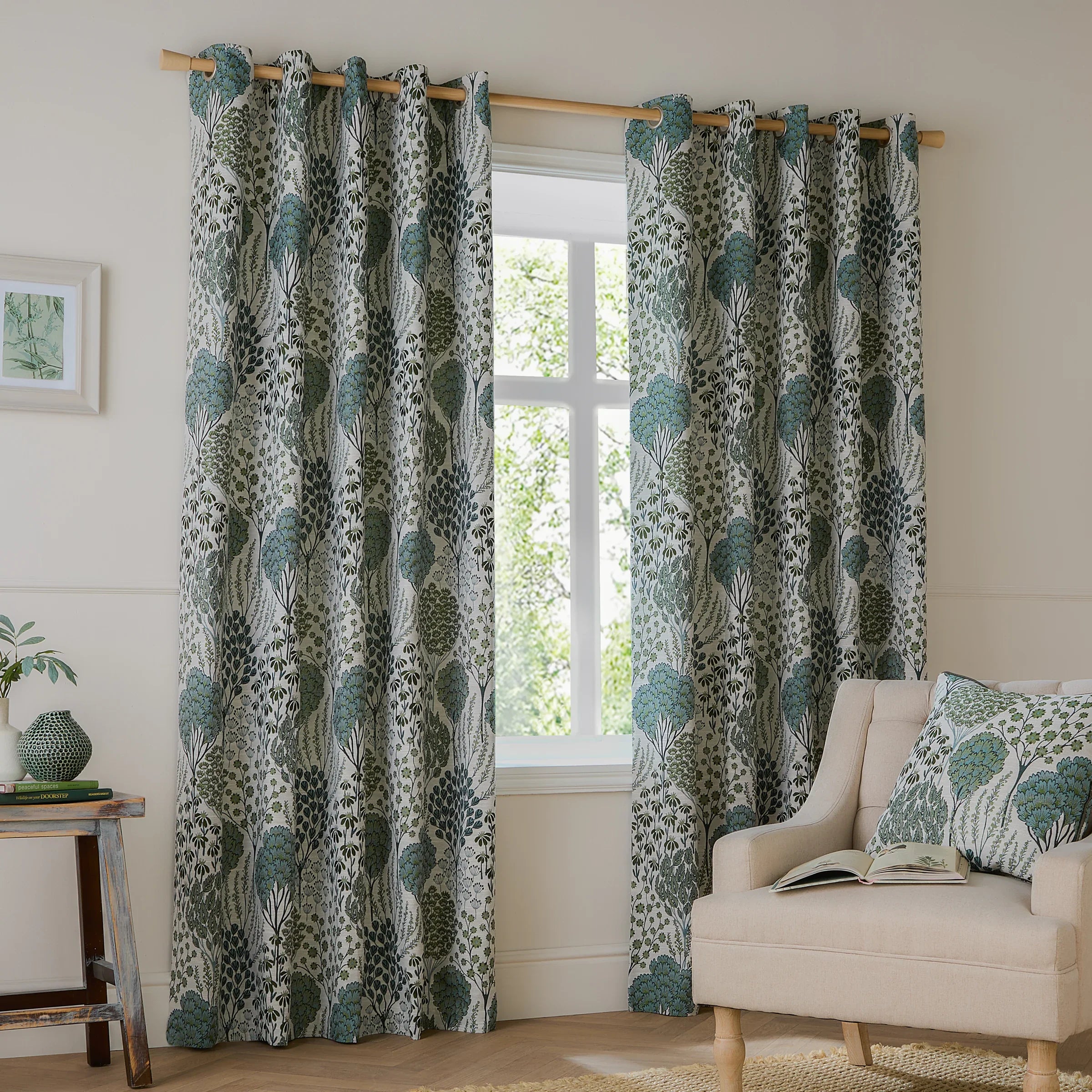 Wylder (Riva Home) Curtains Eyelet / 66in x 72in (168cm x 183cm) / Thyme/Mineral OPHELIA FULLY LINED JACQUARD FLORAL CURTAINS  by Wylder