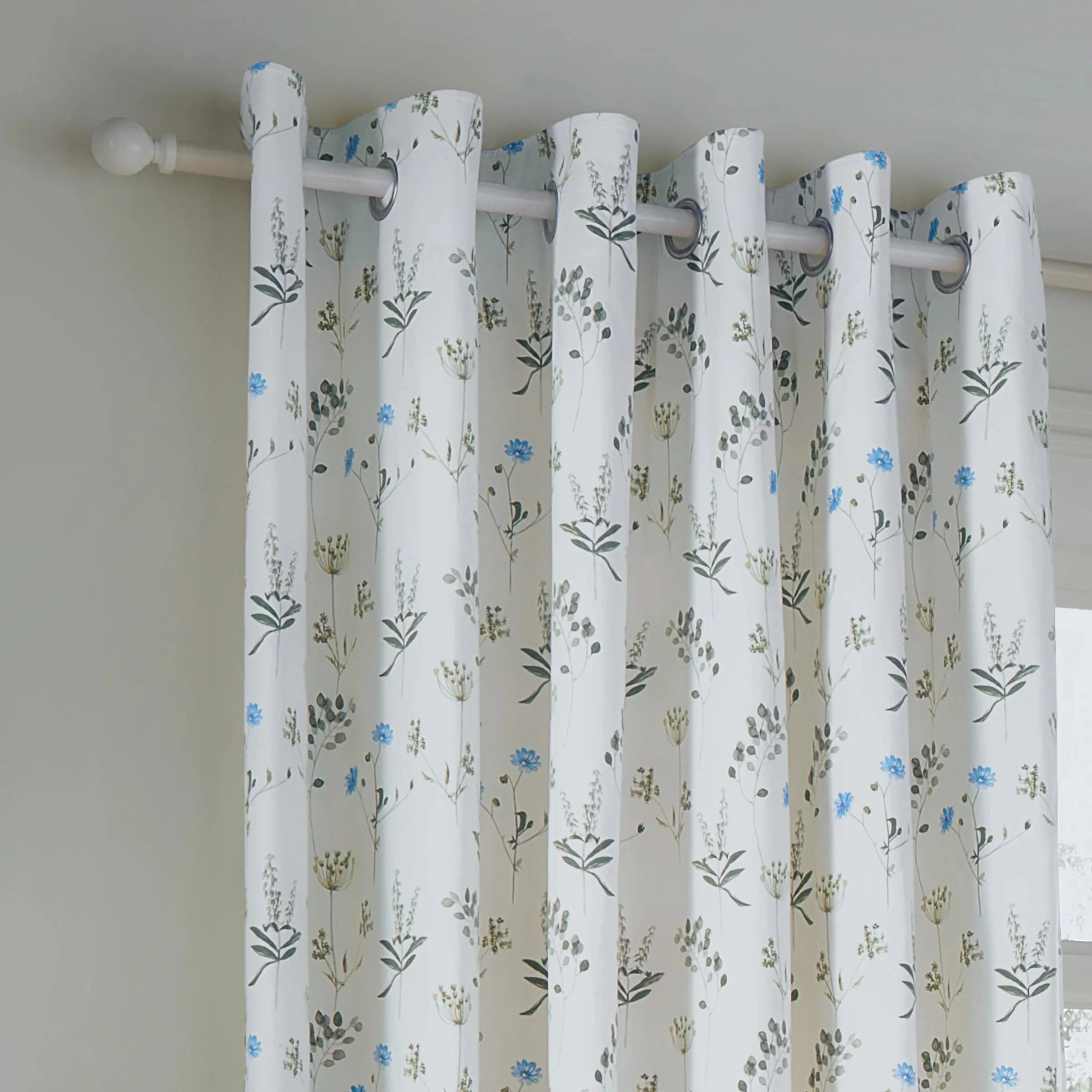 Wylder (Riva Home) Curtains Eyelet / 90in x 90in (229cm x 229cm) Wylder Meadow Room Darkening 100% Cotton Eyelet or Pencil Pleat Curtains White/Cornflower