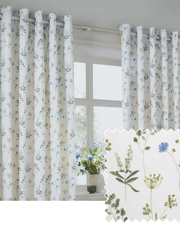 Meadow Room Darkening 100% Cotton Eyelet or Pencil Pleat Curtains White/Cornflower by Wylder
