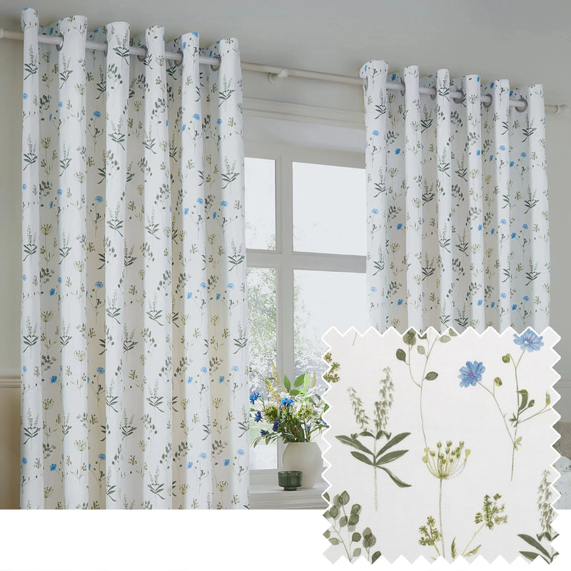 Meadow Room Darkening 100% Cotton Eyelet or Pencil Pleat Curtains White/Cornflower by Wylder