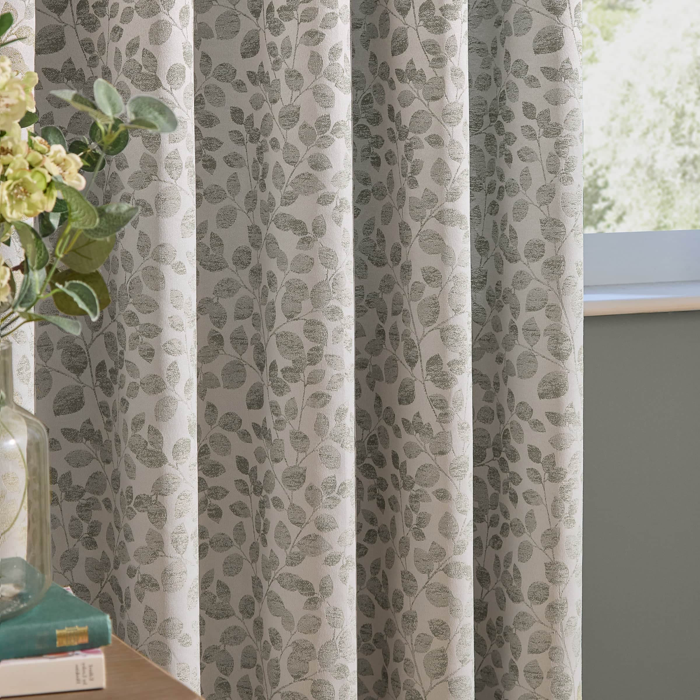 Wylder (Riva Home) Curtains Grace Leaf Jacquard Fully Lined Eyelet or Pencil Pleat Curtains Grey by Wylder