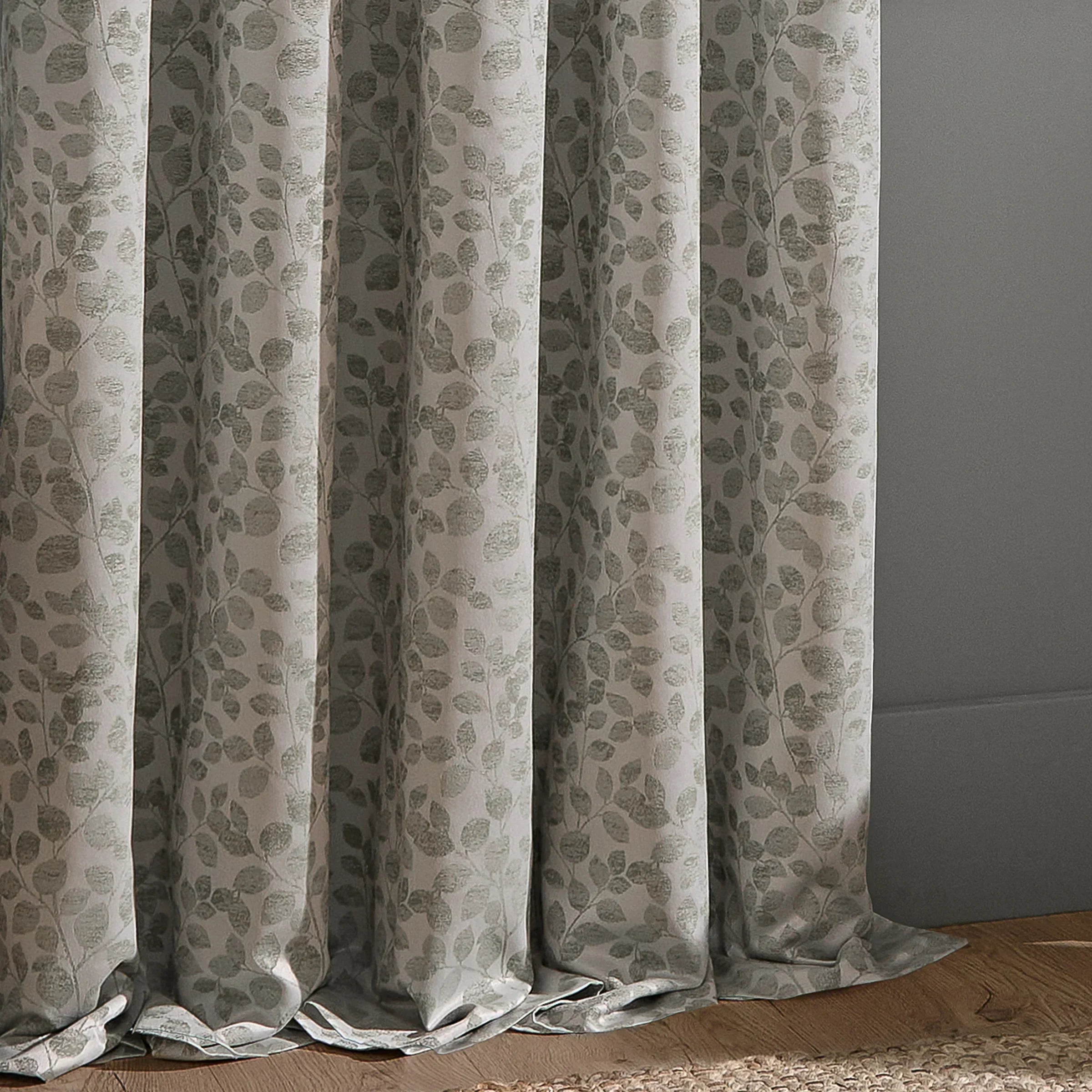 Wylder (Riva Home) Curtains Grace Leaf Jacquard Fully Lined Eyelet or Pencil Pleat Curtains Grey by Wylder