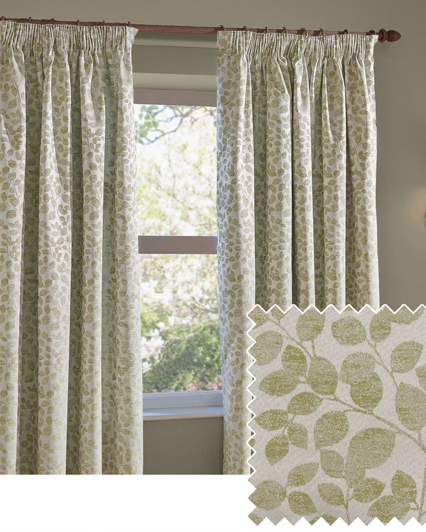 Grace Leaf Jacquard Fully Lined Eyelet or Pencil Pleat Curtains Sage by Wylder