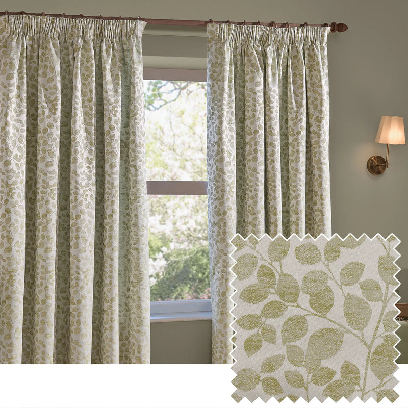 Grace Leaf Jacquard Fully Lined Eyelet or Pencil Pleat Curtains Sage by Wylder