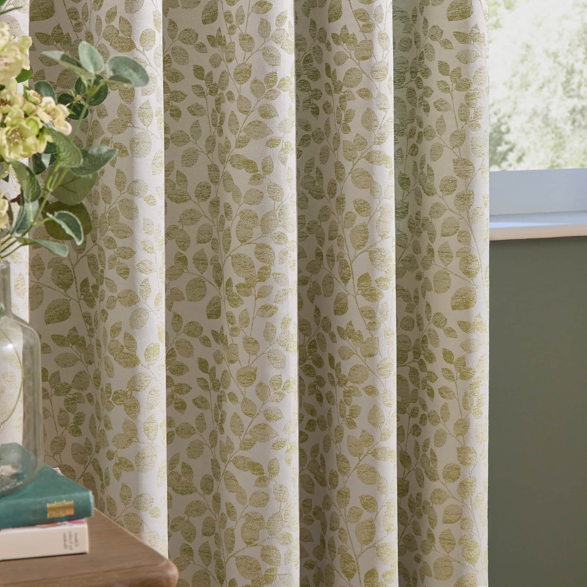 Wylder (Riva Home) Curtains Grace Leaf Jacquard Fully Lined Eyelet or Pencil Pleat Curtains Sage by Wylder