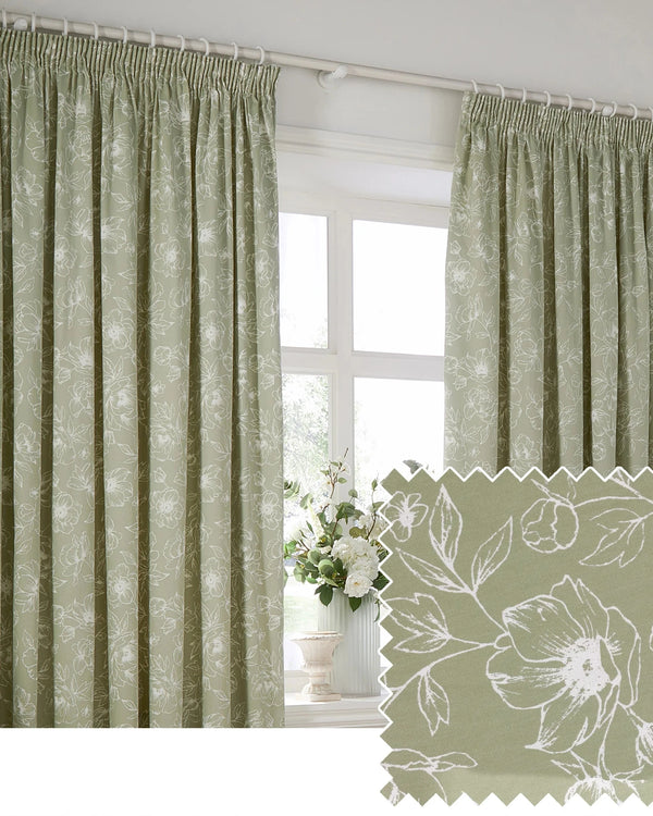 Bella Floral 100% Cotton Lined Eyelet or Pencil Pleat Curtains Sage by Wylder
