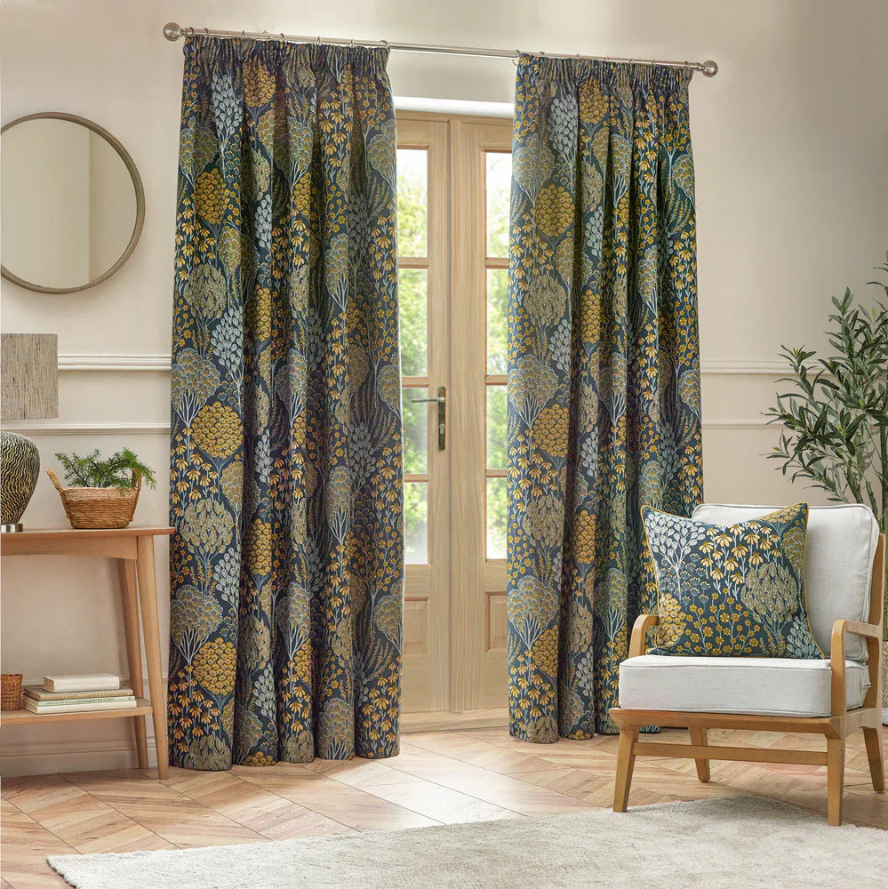 Wylder (Riva Home) Curtains Pencil Pleat / 66in x 72in (168cm x 183cm) / Blue/Saffron OPHELIA FULLY LINED JACQUARD FLORAL CURTAINS  by Wylder