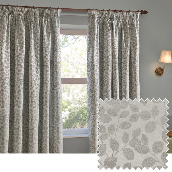 Grace Leaf Jacquard Fully Lined Eyelet or Pencil Pleat Curtains Grey by Wylder
