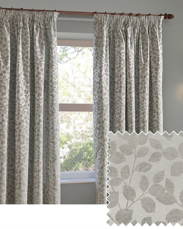 Grace Leaf Jacquard Fully Lined Eyelet or Pencil Pleat Curtains Grey by Wylder