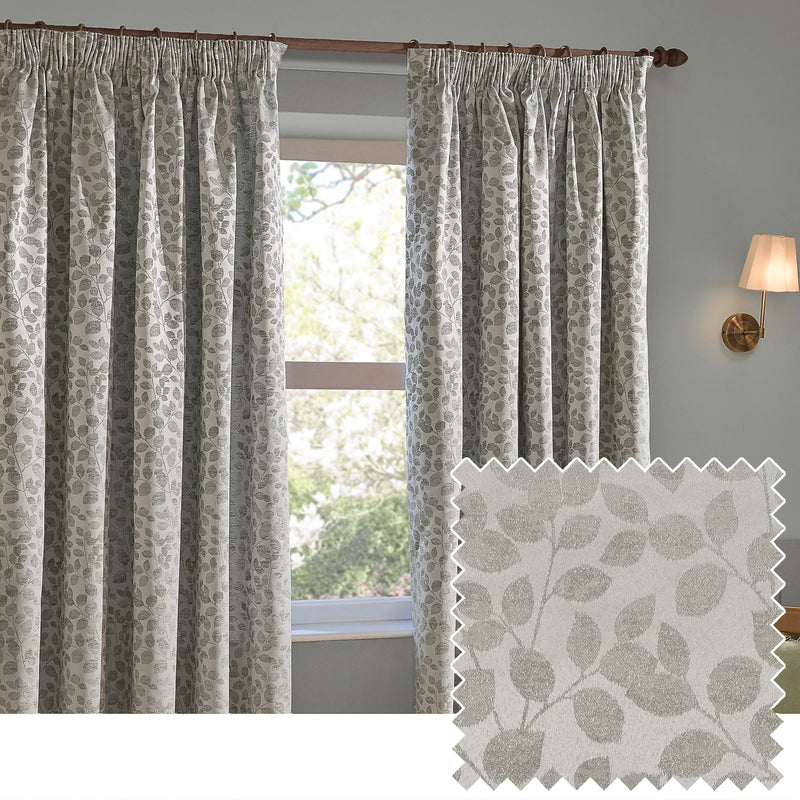 Grace Leaf Jacquard Fully Lined Eyelet or Pencil Pleat Curtains Grey by Wylder