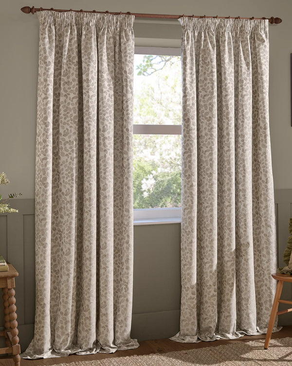 Grace Leaf Jacquard Fully Lined Eyelet or Pencil Pleat Curtains Natural by Wylder