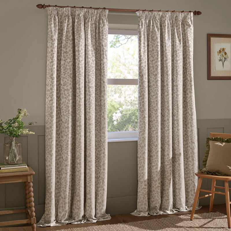 Grace Leaf Jacquard Fully Lined Eyelet or Pencil Pleat Curtains Natural by Wylder