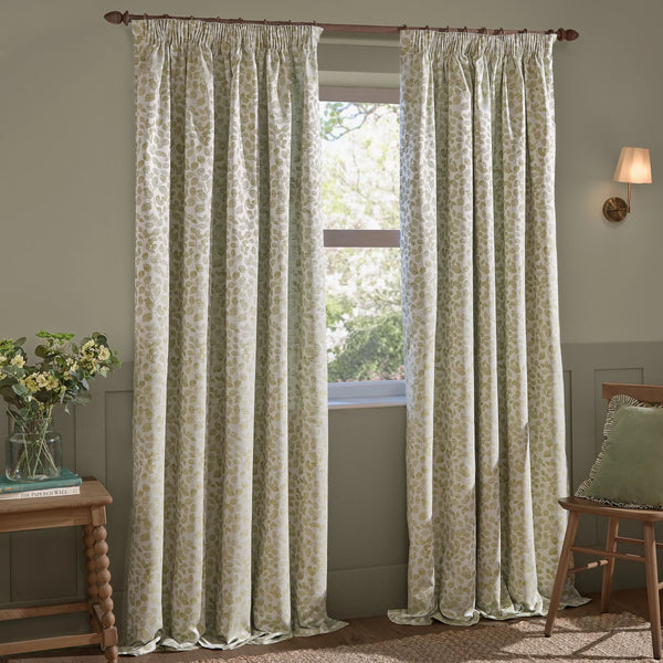 Grace Leaf Jacquard Fully Lined Eyelet or Pencil Pleat Curtains Sage by Wylder