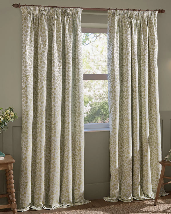 Grace Leaf Jacquard Fully Lined Eyelet or Pencil Pleat Curtains Sage by Wylder