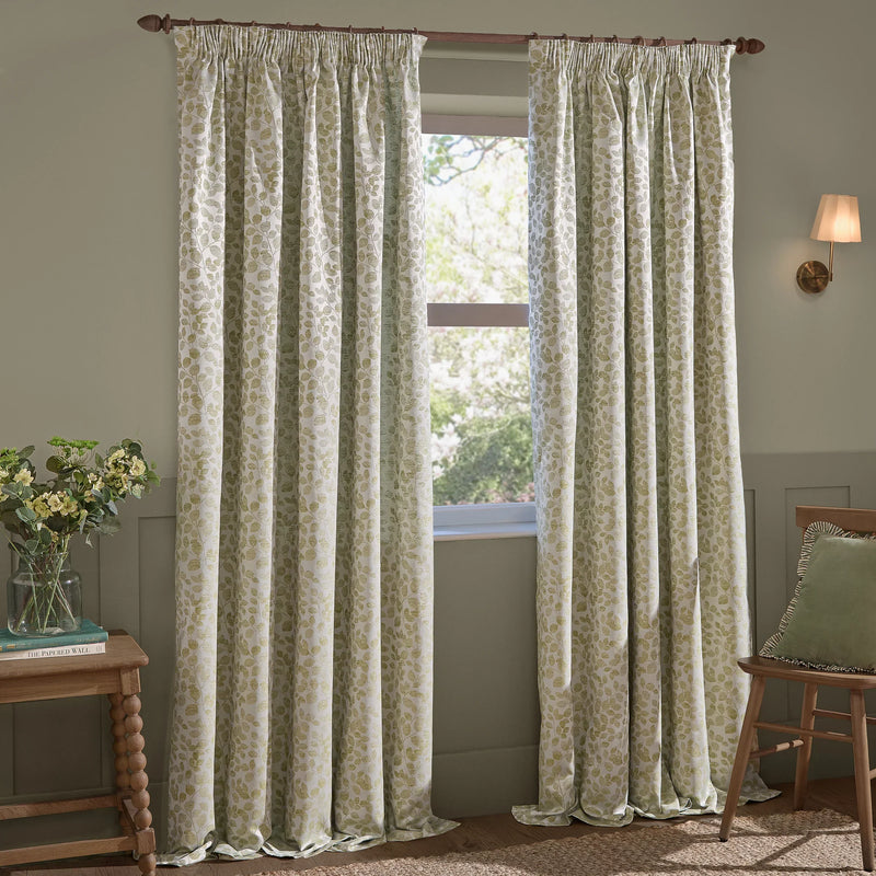 Grace Leaf Jacquard Fully Lined Eyelet or Pencil Pleat Curtains Sage by Wylder