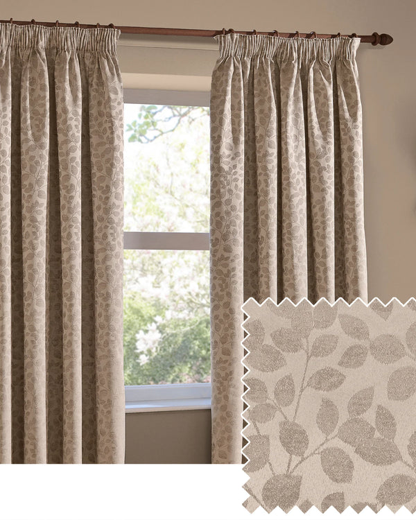 Grace Leaf Jacquard Fully Lined Eyelet or Pencil Pleat Curtains Taupe by Wylder