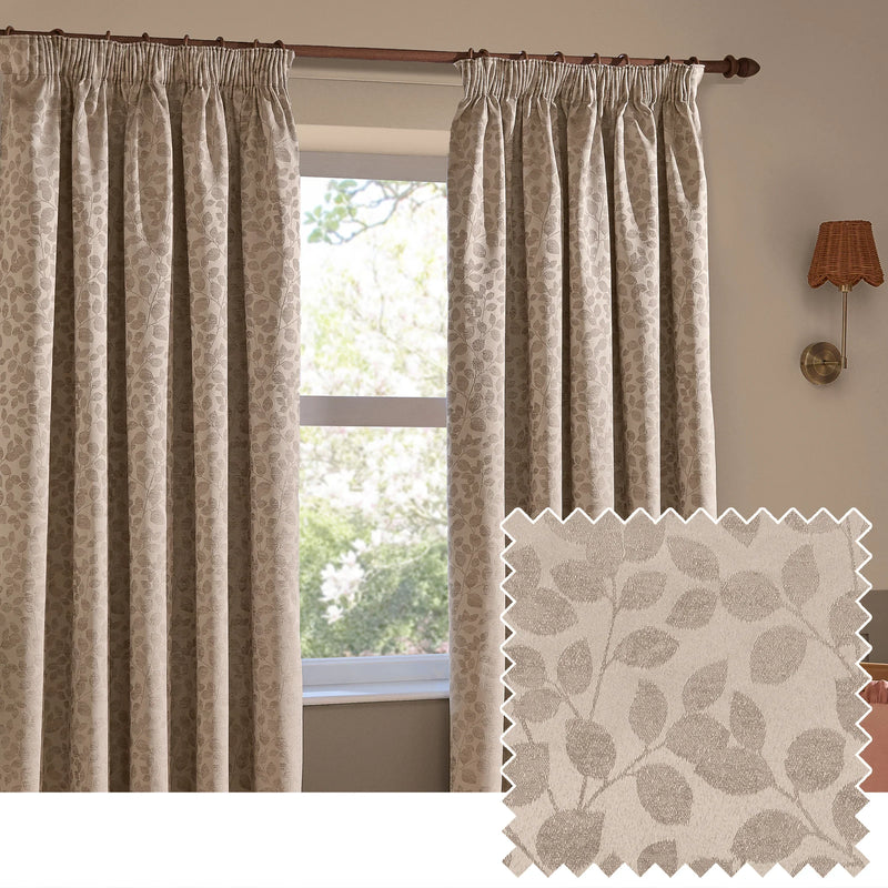Grace Leaf Jacquard Fully Lined Eyelet or Pencil Pleat Curtains Taupe by Wylder