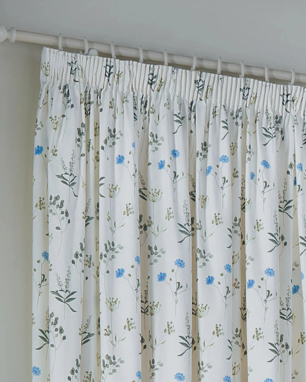 Meadow Room Darkening 100% Cotton Eyelet or Pencil Pleat Curtains White/Cornflower by Wylder
