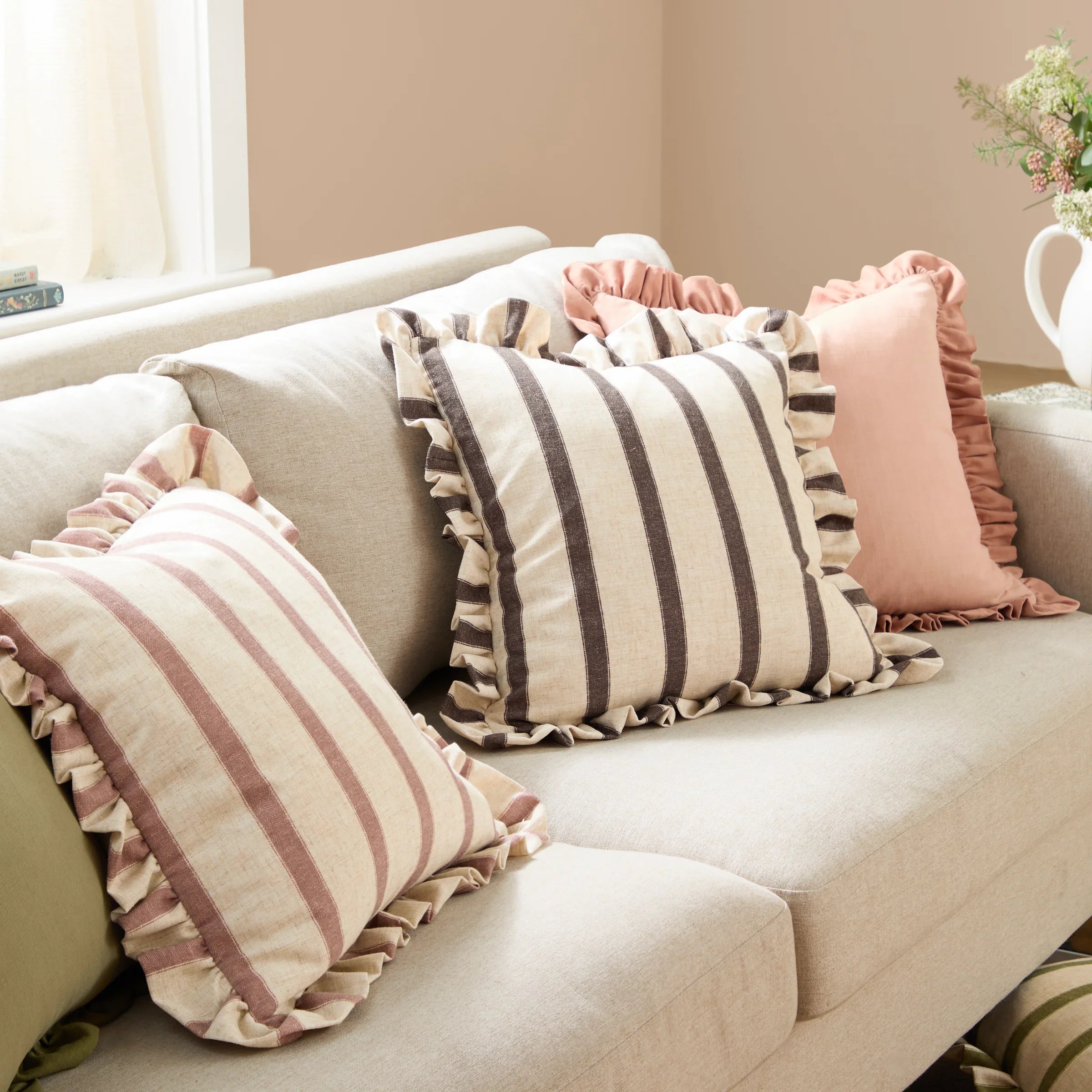 Wylder (Riva Home) Cushions CONNIE SQUARE STRIPED RUFFLE FEATHER FILLED CUSHION by Wylder