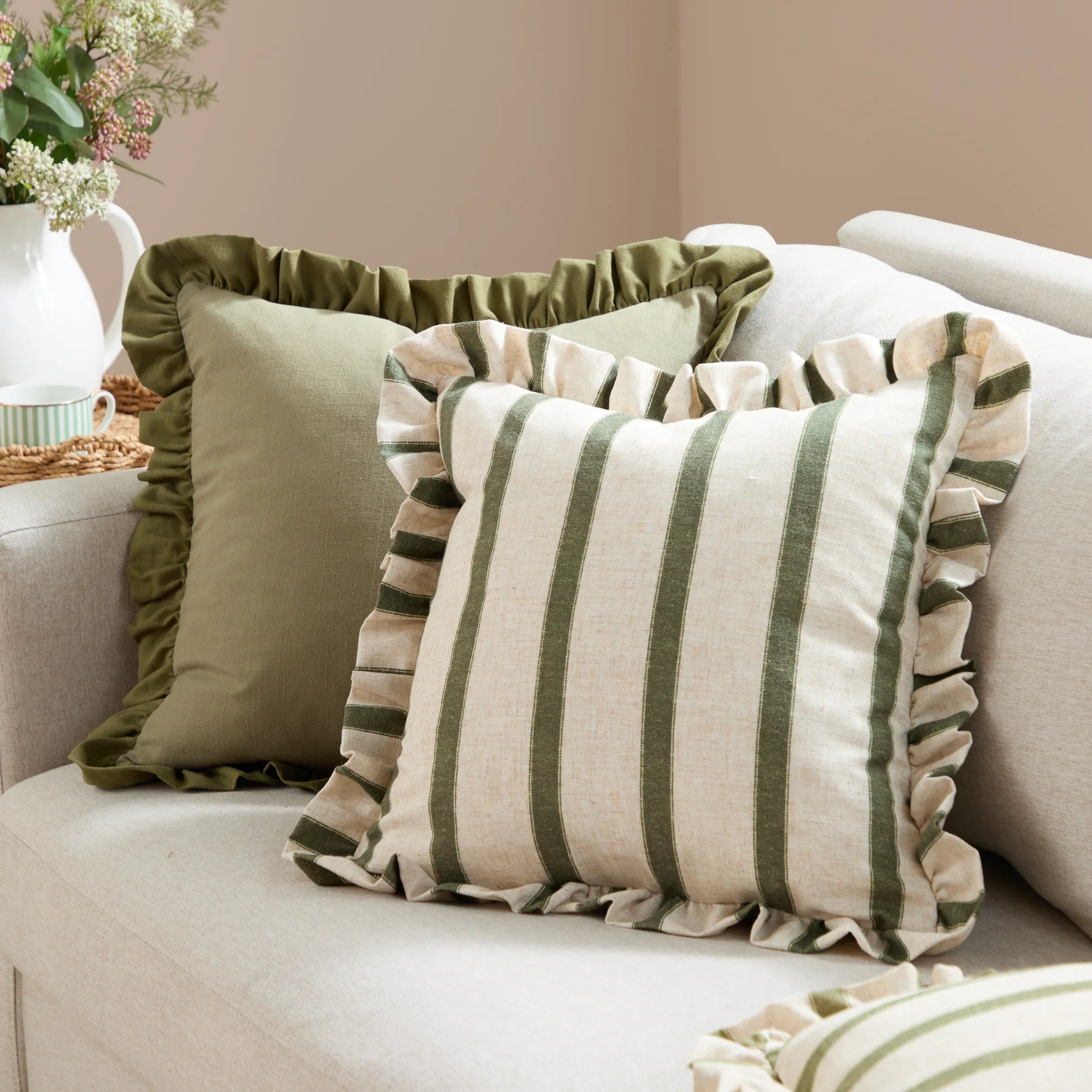 Wylder (Riva Home) Cushions CONNIE SQUARE STRIPED RUFFLE FEATHER FILLED CUSHION by Wylder