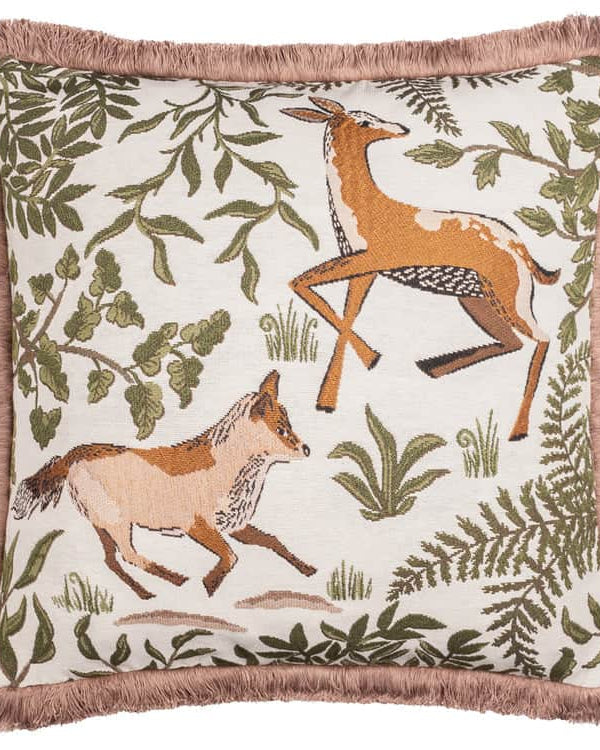 FABLE FOX AND DEER EMBROIDERED CUSHION WILLOW GREEN by Wylder