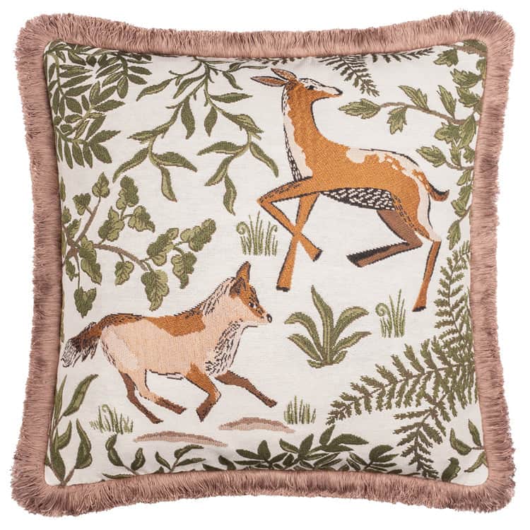 FABLE FOX AND DEER EMBROIDERED CUSHION WILLOW GREEN by Wylder