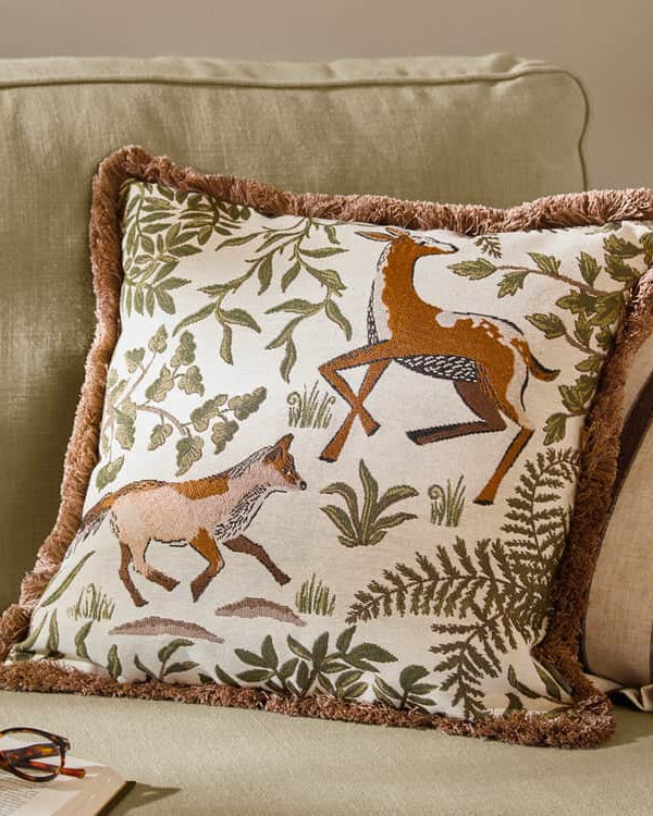 FABLE FOX AND DEER EMBROIDERED CUSHION WILLOW GREEN by Wylder