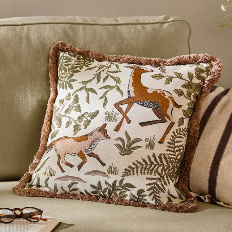FABLE FOX AND DEER EMBROIDERED CUSHION WILLOW GREEN by Wylder
