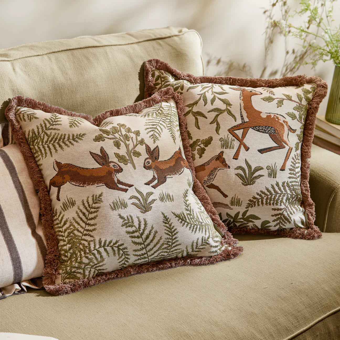 Wylder (Riva Home) Cushions FABLE RABBITS EMBROIDERED 100% COTTON CUSHION WILLOW GREEN by Wylder