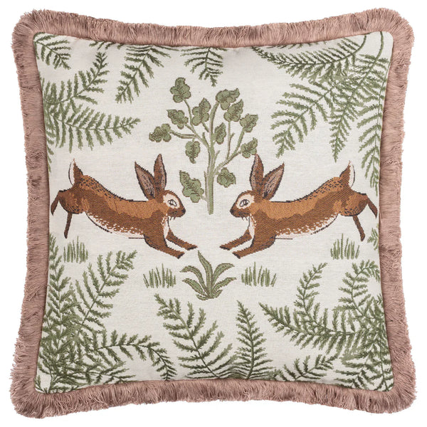 FABLE RABBITS EMBROIDERED 100% COTTON CUSHION WILLOW GREEN by Wylder