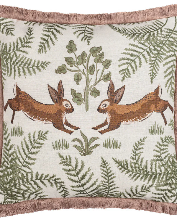 FABLE RABBITS EMBROIDERED 100% COTTON CUSHION WILLOW GREEN by Wylder