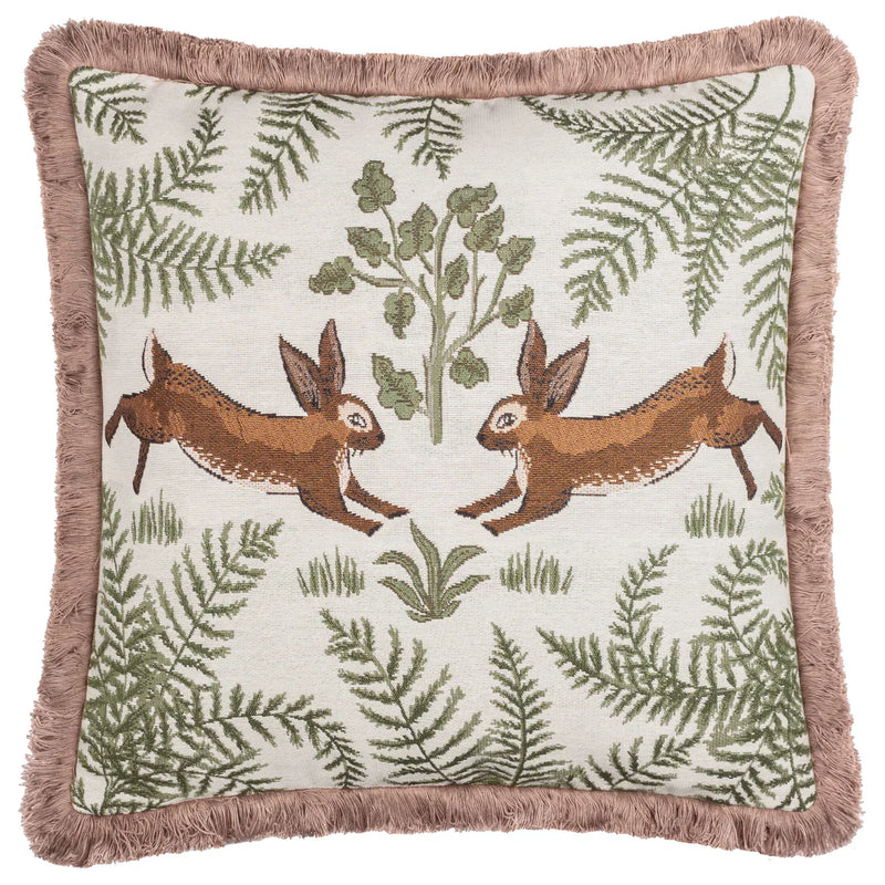 FABLE RABBITS EMBROIDERED 100% COTTON CUSHION WILLOW GREEN by Wylder