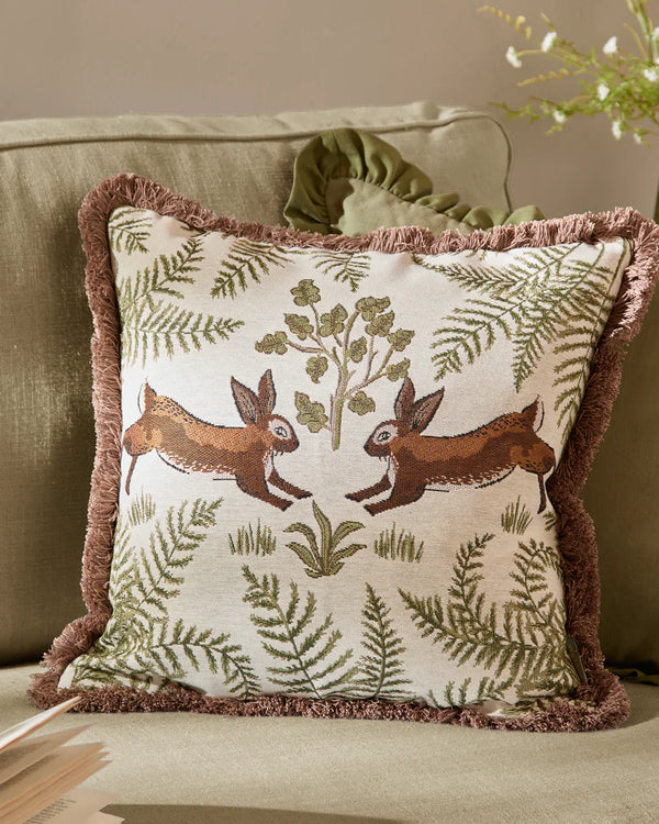 FABLE RABBITS EMBROIDERED 100% COTTON CUSHION WILLOW GREEN by Wylder