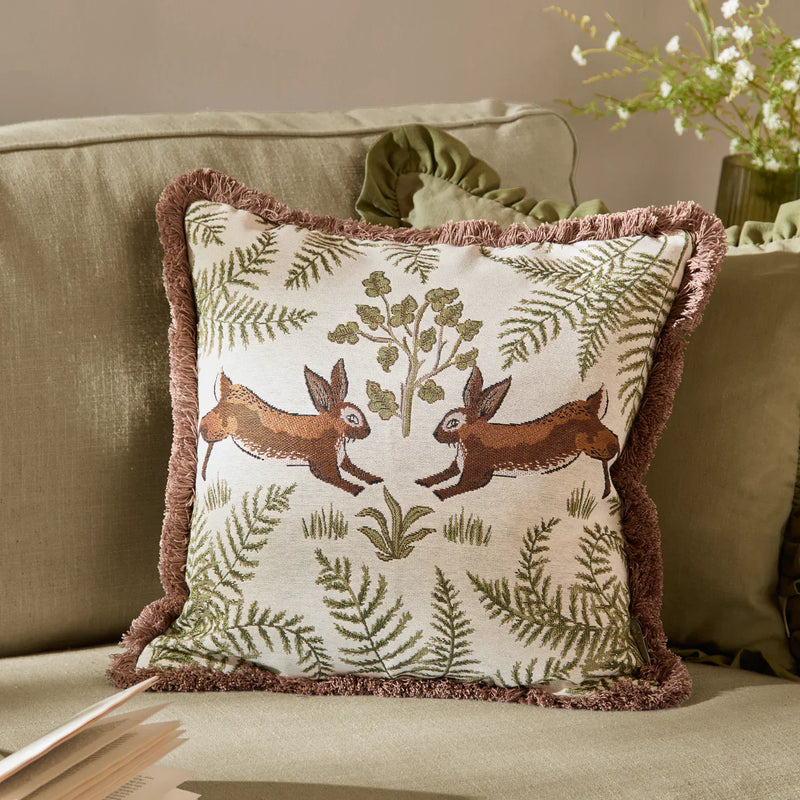 FABLE RABBITS EMBROIDERED 100% COTTON CUSHION WILLOW GREEN by Wylder