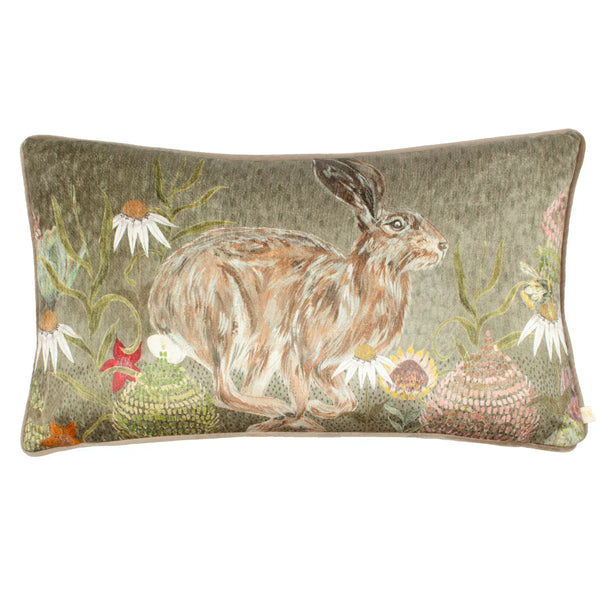 MEADOW BLOOM HAZEL HARE PRINTED CHENILLE CUSHION SAGE by Wylder Nature