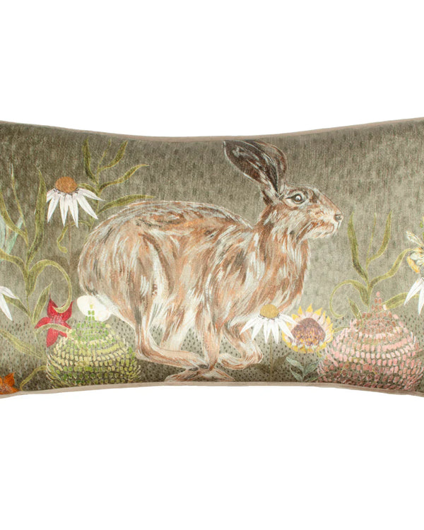 MEADOW BLOOM HAZEL HARE PRINTED CHENILLE CUSHION SAGE by Wylder Nature