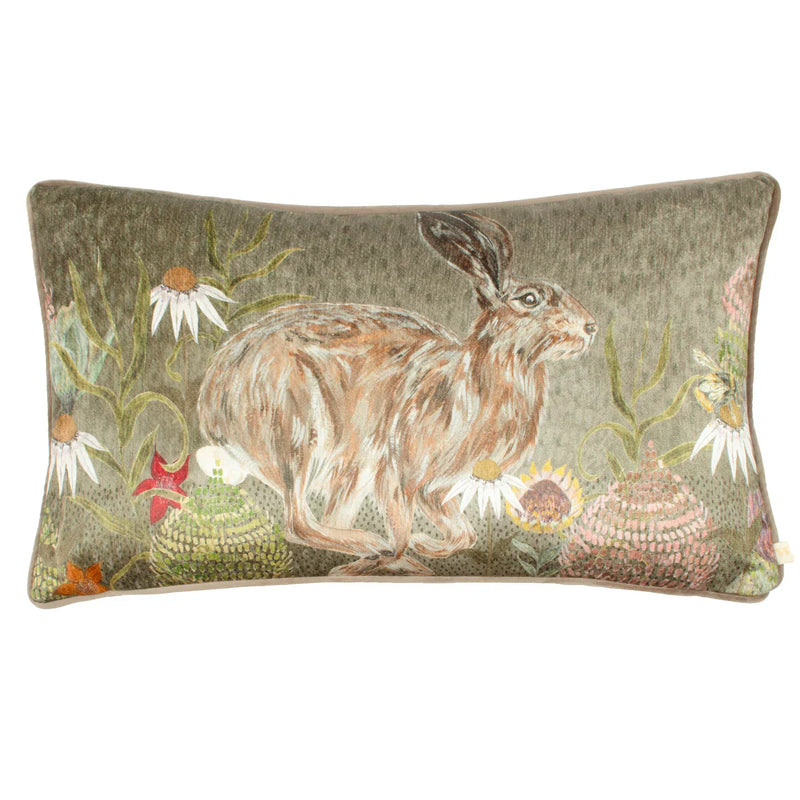 MEADOW BLOOM HAZEL HARE PRINTED CHENILLE CUSHION SAGE by Wylder Nature