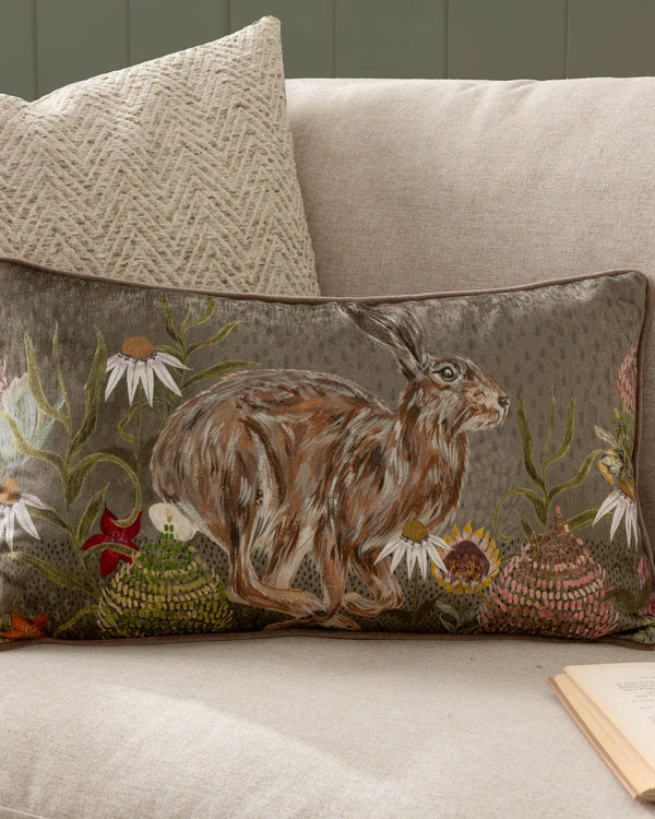 MEADOW BLOOM HAZEL HARE PRINTED CHENILLE CUSHION SAGE by Wylder Nature