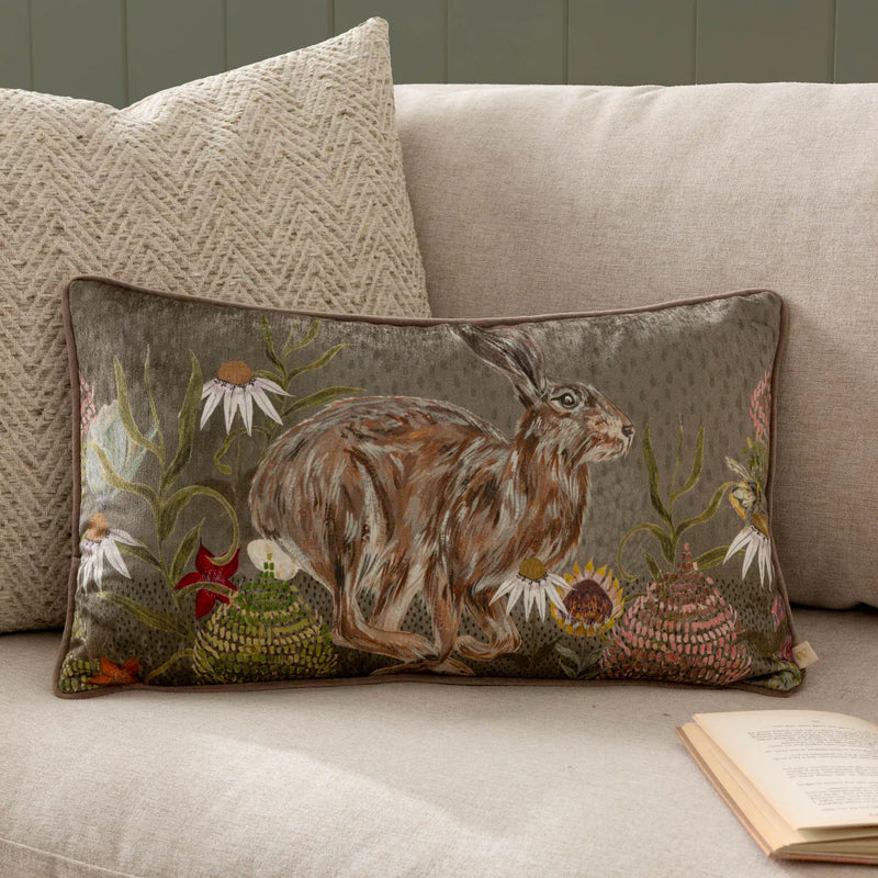 MEADOW BLOOM HAZEL HARE PRINTED CHENILLE CUSHION SAGE by Wylder Nature