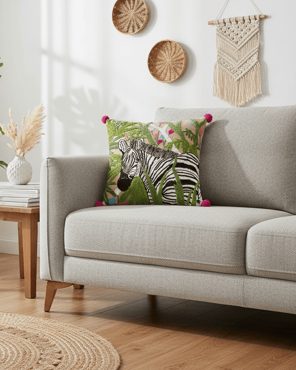 Premium Zebra Embroidered feather filled Cushion Multicolour by Wylder