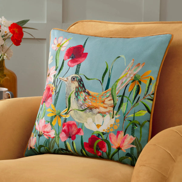 Wylder Nature Marais Bird Meadow Printed Chenille Cushion Multicolour