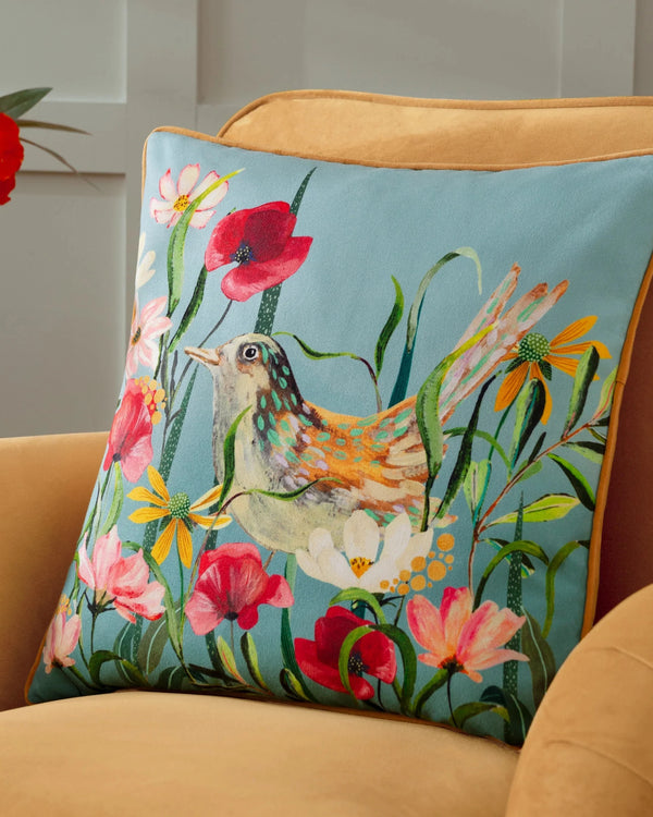 Wylder Nature Marais Bird Meadow Printed Chenille Cushion Multicolour
