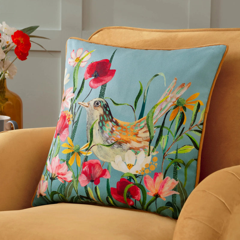 Wylder Nature Marais Bird Meadow Printed Chenille Cushion Multicolour