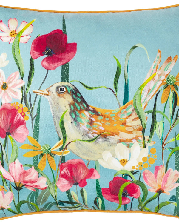 Wylder Nature Marais Bird Meadow Printed Chenille Cushion Multicolour