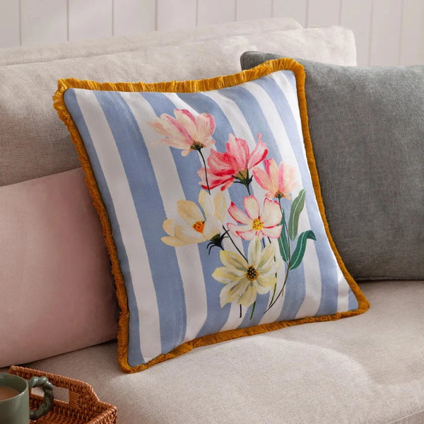 Wylder Nature Marais Cosmos Printed Chenille Cushion Blue/Yellow