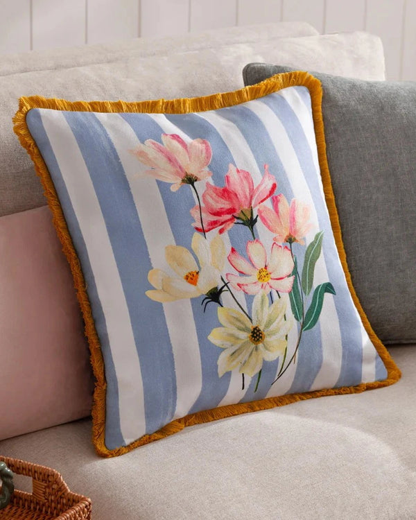 Wylder Nature Marais Cosmos Printed Chenille Cushion Blue/Yellow